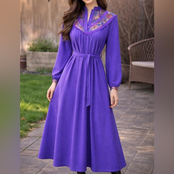 🌼 VINTAGE Prairie Style Handmade Purple Maxi Dress with Floral Collar 💜 - Picture 2 of 8